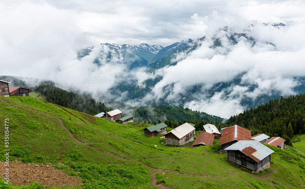 POKUT PLATEAU view with Kackar Mountains. This plateau located in Camlihemsin district of Rize province. Kackar Mountains region. Rize, Turkey.