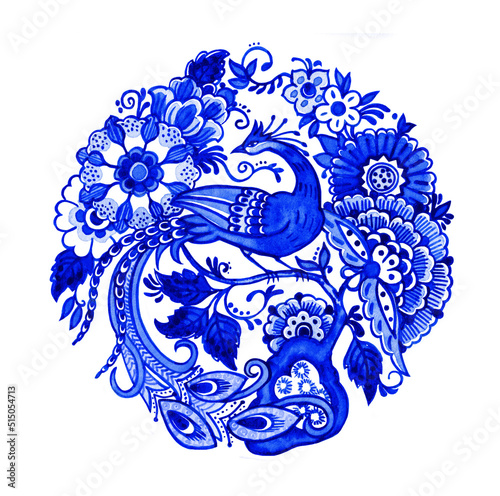 Watercolor blue and white circular floral composition, bird and flowers. Hand-painted illustration isolated on white background. Chinoiserie style motif.