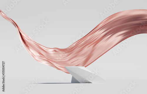 3D display podium, white background with pedestal and pink flying silk cloth curtain.Nature wind. Beauty, cosmetic product presentation stand. Luxury feminine banner template 3d render advertisement