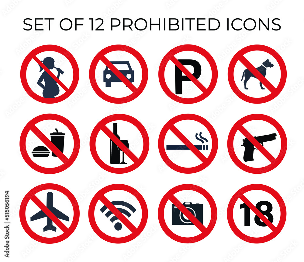 Set 12 prohibited icons. Flat vectors.
Set 12 prohibited icons. Flat vectors.