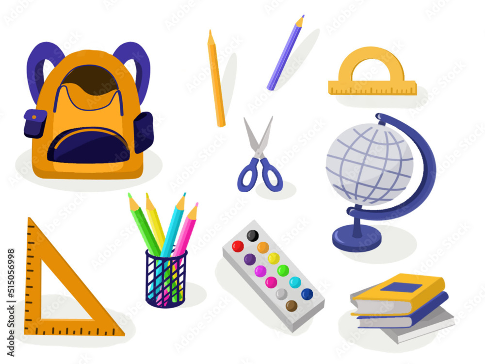 Collection of School supplies isolated: backpack, books, ruler, triangle, pencils, scissors, globe, paints