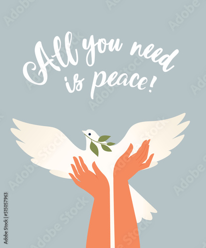 War and peace - Dove of peace -modern flat vector concept digital illustration of hands releasing a dove. Creative ant-war poster.