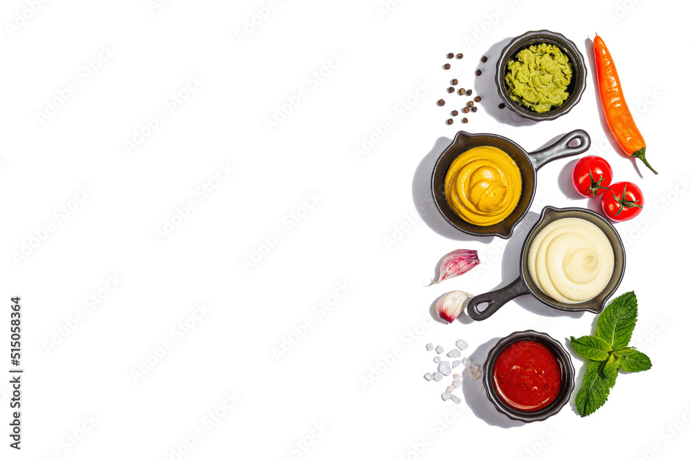 Set of sauces isolated on white background. Ketchup, mustard, mayonnaise, wasabi Set of sauces isolated on white background. Ketchup, mustard, mayonnaise, wasabi