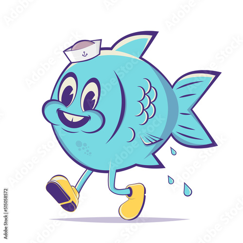Canvas Print funny cartoon illustration of a walking fish in retro style