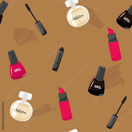 Makeup seamless pattern. Illustrations of different cosmetics. Lipstick and pomade glamour vector background