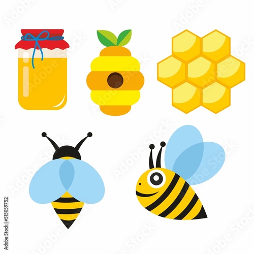 A set of pictures on the theme of honey, a jar of honey, beehives, honeycombs with honey, bees. vector illustration isolated on white background