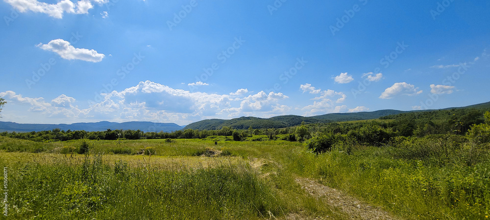 Scenic panoramic view of idyllic rolling hills landscape with blooming meadows and snowcapped alpine mountain peaks in the background on a beautiful sunny day with blue sky and clouds in springtime