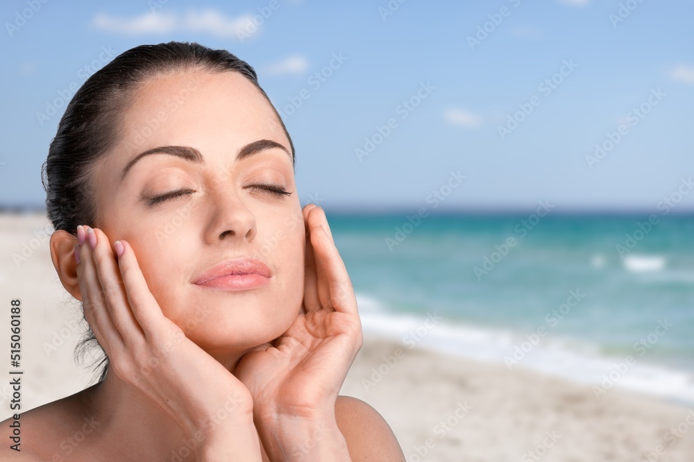 Beauty healthy skin women touching face cosmetic portrait Beauty healthy skin women touching face cosmetic portrait