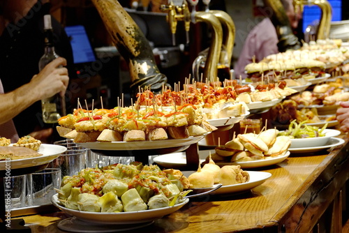 A tapas bar in San Sebastian with delicious pintxos, the traditional appetizers of the Basque country. San Sebastian, Spain 