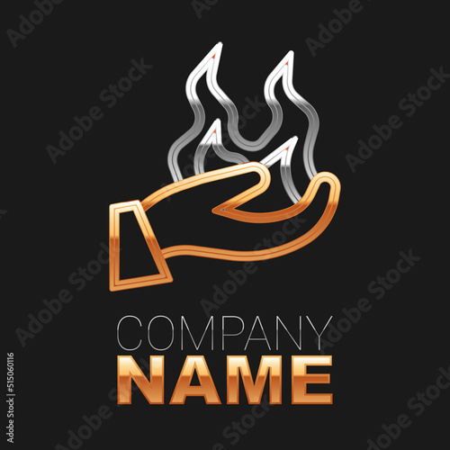 Line Hand holding a fire icon isolated on black background. Colorful outline concept. Vector