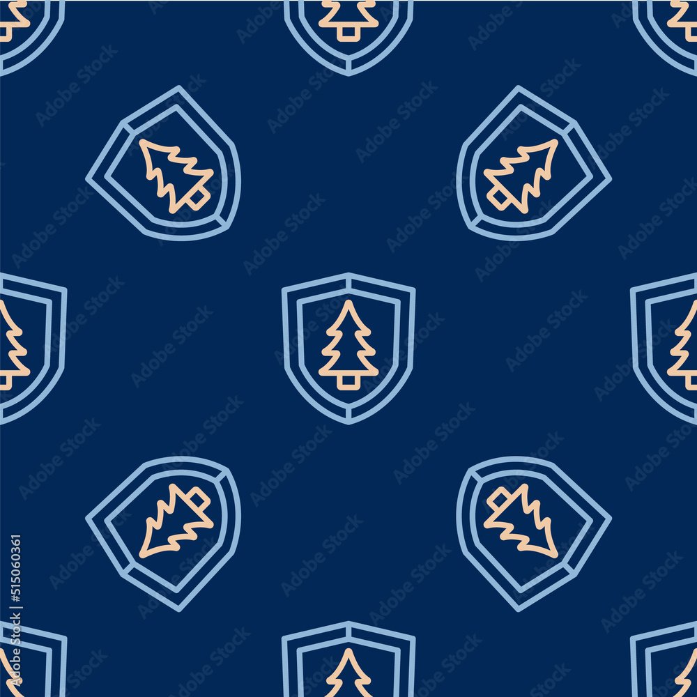 Line Shield with tree icon isolated seamless pattern on blue background. Eco-friendly security shield with tree. Vector