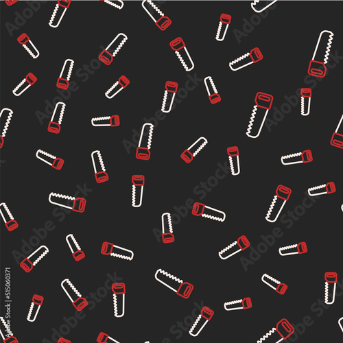 Line Hand saw icon isolated seamless pattern on black background. Vector