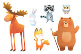 Forest animals cute colorful separate clipart, illustration collection for children. Bear moose raccoon bunny fox and owl, funny adorable animals set. Isolated vector clipart.