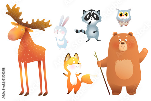 Forest animals cute colorful separate clipart, illustration collection for children. Bear moose raccoon bunny fox and owl, funny adorable animals set. Isolated vector clipart. © Popmarleo