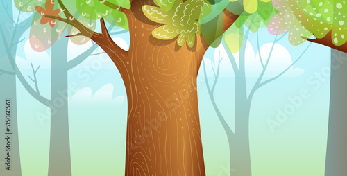 Forest or jungle trees scenery wallpaper illustration for children. Illustrated woods scene, with big thick trunk in the middle. Vector horizontal background for kids.