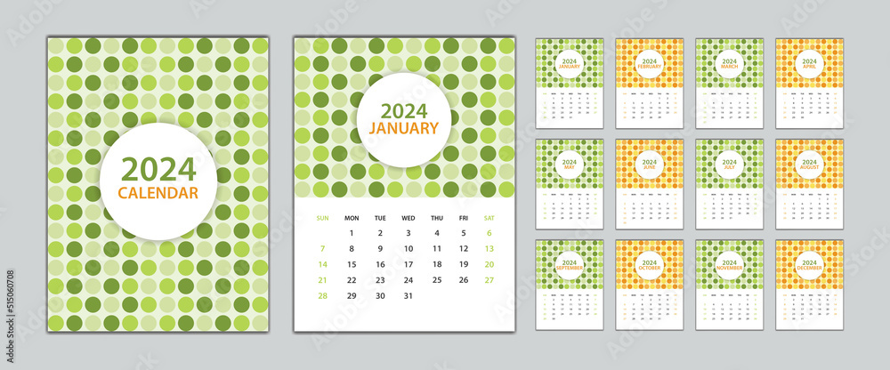 calendar 2024 template circle graphic concept, Desk Calendar 2024 design Set, wall calendar 2024 design, Poster, circle cover design, Set of 12 Months, Week start Sunday, advertisement, printing