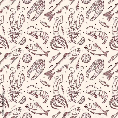 Vector hand drawn seafood seamless pattern with mussel, fish salmon and shrimp. Lobster, squid, scallop and tuna for product market or seafood restaurant