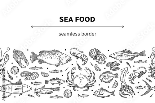 Vector hand drawn seafood seamless border with mussel, fish salmon and shrimp. Lobster, squid, scallop and tuna for product market or seafood restaurant