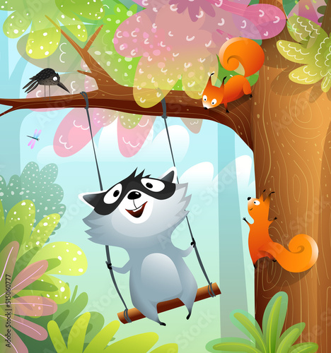 Funny hilarious raccoon swinging on the tree branch and squirrels laughing and looking. Adorable naughty animals playing together, illustration for kids. Vector illustration for children.