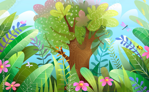 Forest or jungle fairytale wallpaper with big tree and colorful leaves and flowers. Forest or woods colorful illustration for children. Vector magic jungle for kids.