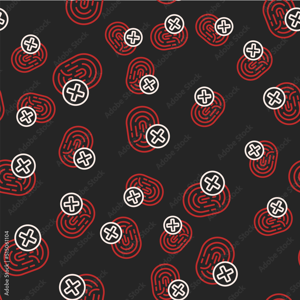 Line Cancelled fingerprint icon isolated seamless pattern on black background. Access denied for user concept. Error, fraud. Identification sign. Touch id. Vector Line Cancelled fingerprint icon isolated seamless pattern on black background. Access denied for user concept. Error, fraud. Identification sign. Touch id. Vector