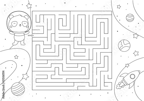 Maze game with cute panda in space. Educational puzzle for coloring book. Cartoon kawaii bear, spaceship and planets. Black and white vector illustration.
