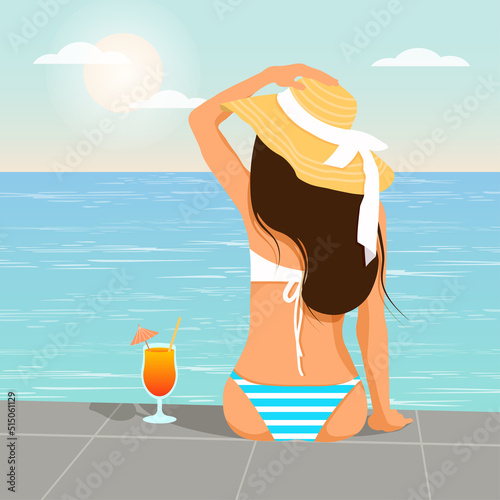 Beautiful young tanned girl in a hat and swimsuit sunbathes on the beach back view. vector illustration of summer holidays. sunbathes on the beach, girl sitting on the beach. 