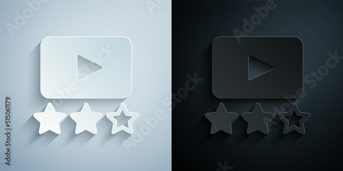 Paper cut Film or movie cinematography rating or review icon isolated on grey and black background. Paper art style. Vector