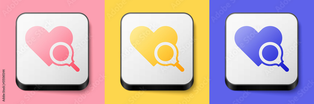 Isometric Medical heart inspection icon isolated on pink, yellow and blue background. Heart magnifier search. Square button. Vector Isometric Medical heart inspection icon isolated on pink, yellow and blue background. Heart magnifier search. Square button. Vector