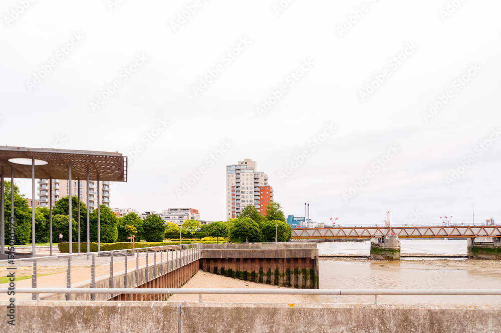 Thames Barrier Park, Silvertown, looking toward New Charlton, Newham, London,  England, June 19, 2022
