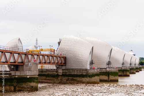 Thames Flood Barrier from Thames Barrier Park, Silvertown, looking toward New Charlton, Newham, London,  England, June 19, 2022
 photo