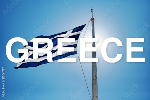 Illustration of a waving greek flag and big letters saying 'Greece'. Useful for advertisement or presentation background. 
