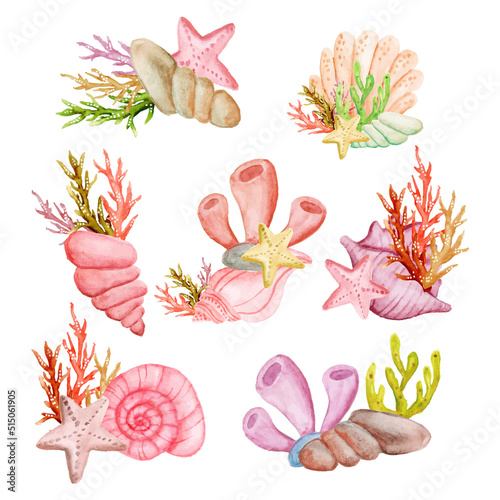 watercolor set of summer sea creatures