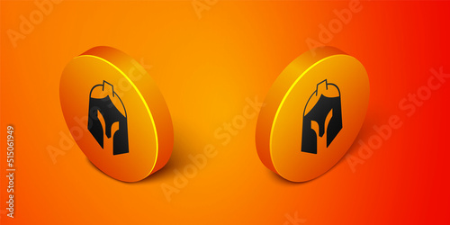 Isometric Roman army helmet icon isolated on orange background. Orange circle button. Vector