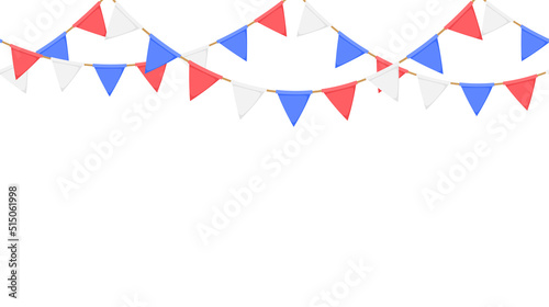 Flag garland. Repeating party bunting pattern. Triangle celebration flags chain. White, blue, red pennants decoration. Vector footer and banner