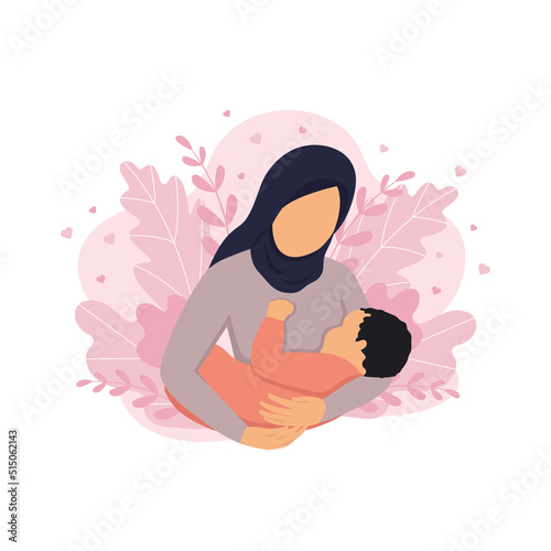 Illustration of breastfeeding, a mother in a hijab breast-feeds her baby against the background of nature and leaves. Conceptual vector illustration in cartoon style. World Breastfeeding Week.