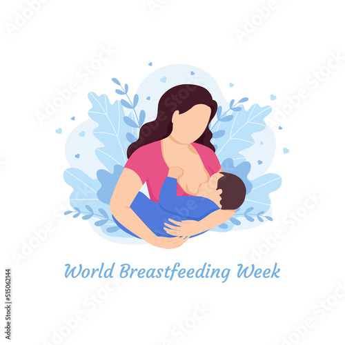 Breastfeeding illustration, mother feeding a baby with breast with nature and leaves background. Concept vector illustration in cartoon style. World Breastfeeding Week.