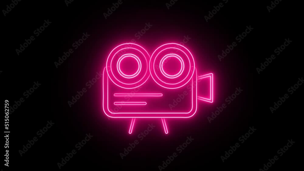 Glowing neon line Retro cinema camera icon isolated on black background. Video Glowing neon line Retro cinema camera icon isolated on black background. Video