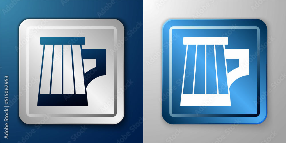 White Wooden beer mug icon isolated on blue and grey background. Silver and blue square button. Vector White Wooden beer mug icon isolated on blue and grey background. Silver and blue square button. Vector