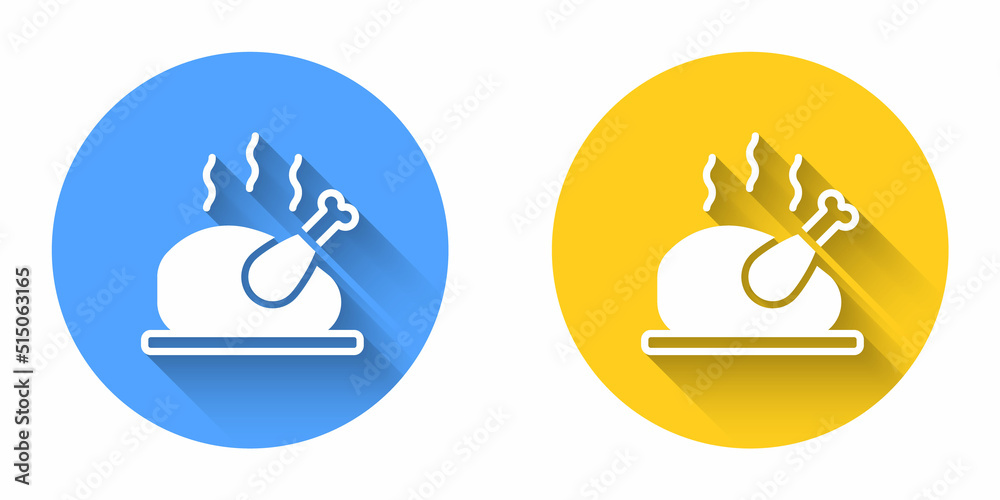White Roasted turkey or chicken icon isolated with long shadow background. Circle button. Vector