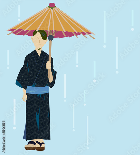 和服を着て和傘をさした人物（背景あり）