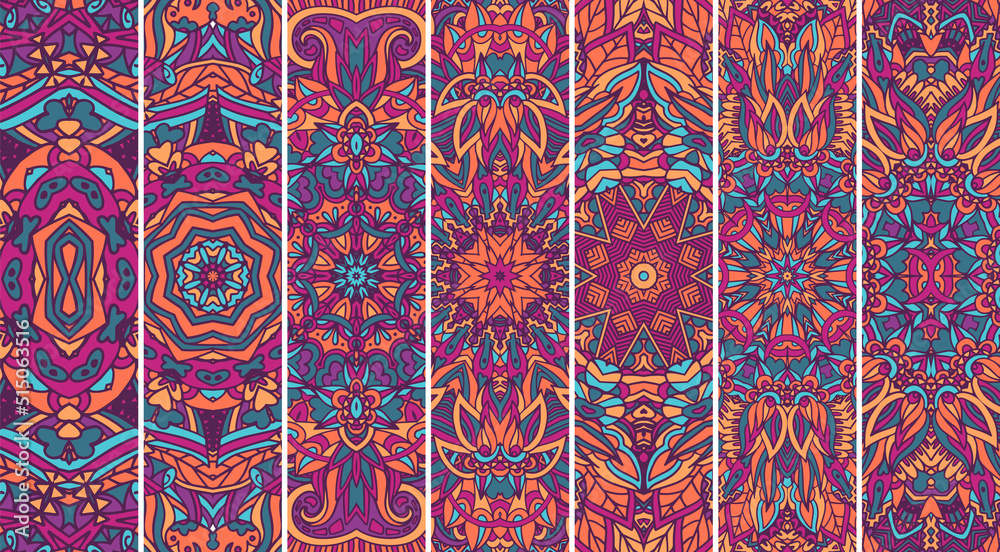 Ethnic ornamental Mandala pattern set . Geometric pattern bookmark psychedelic print.