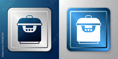 White Slow cooker icon isolated on blue and grey background. Electric pan. Silver and blue square button. Vector