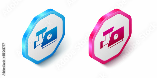 Isometric Kitchen meat grinder icon isolated on white background. Hexagon button. Vector