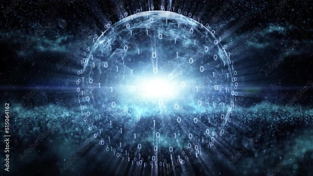 Digital shiny binary code sphere network animation.