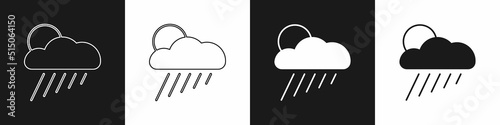 Set Cloud with rain and sun icon isolated on black and white background. Rain cloud precipitation with rain drops. Vector