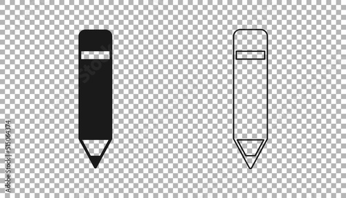 Black Pencil with eraser icon isolated on transparent background. Drawing and educational tools. School office symbol. Vector