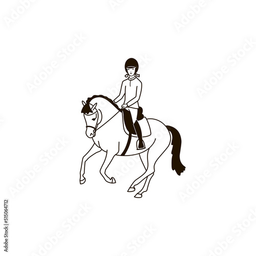 Beautiful girl riding a pony, black and white simple drawing
