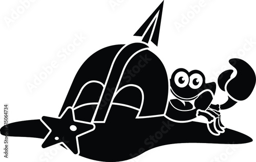 Black and White Cartoon Illustration Vector of a Helmet on the Sea Floor with a Crab