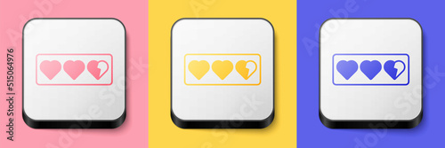 Isometric Game life bar icon isolated on pink, yellow and blue background. Health heart bar. Square button. Vector